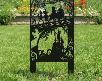 Fairytale Castle Magic Journey Garden Metal Stake, Whimsical Fantasy Bridge Characters Yard Stake, Forest Fairy Castle Silhouette Stake