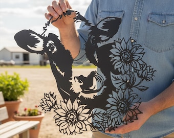 Rustic Cow Sunflower Farm Entry Metal Wall Sign, Boho Dairy Cow Wall Decor, Western Farm Metal Wall Plaque, Gift for Farmer