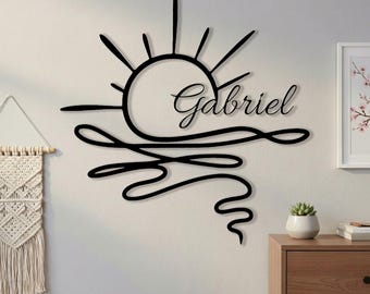 Targa in metallo personalizzata con nome e tramonto, decorazione murale in metallo con sole e onde, targa in metallo con tramonto, decorazione murale in metallo con sole e mare, regalo personalizzato con nome