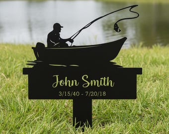 Personalized Fishing Memorial Stake,Custom Angler Tribute Garden Stake,Fishing Lover Memorial Yard Stake,Metal Grave Marker
