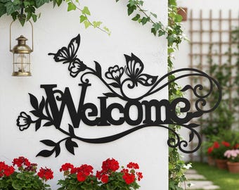 Floral Butterfly Welcome Metal Front Door Sign, Welcome Wall Plaque, Floral Butterfly Entryway Decor, Boho Door Marker, Housewarming Gift