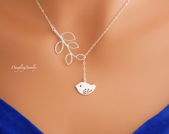 SILVER Bird Lariat Necklace, Bird Necklace, Bird Jewelry, Sparrow Charm Necklace, Birthday Gift, Everyday Wear, Mothers Jewelry, Unique Gift