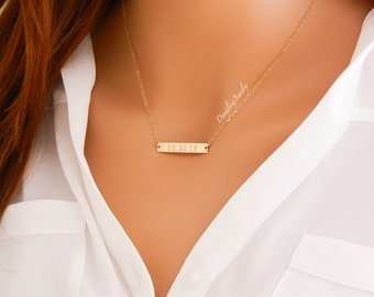 GOLD Bar Necklace, Custom Date Bar Necklace, Wedding date jewelry, Long bar necklace, Bridesmaid Gift, Anniversary Date, Narrow Bar Necklace