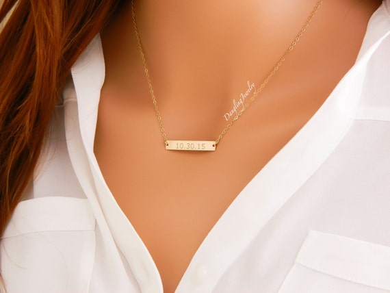 GOLD Bar Necklace, Custom Date Bar Necklace, Wedding date jewelry, Long bar  necklace, Bridesmaid Gift, Anniversary Date, Narrow Bar Necklace