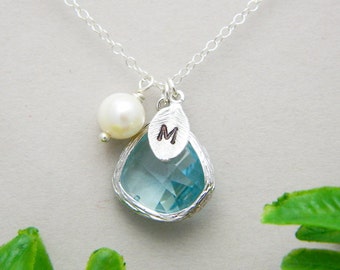 Silver Birthstone Aquamarine Necklace, Personalized Initial Charm Necklace, Bridesmaid Gift, Wedding Jewelry, Initial Mother's Necklace