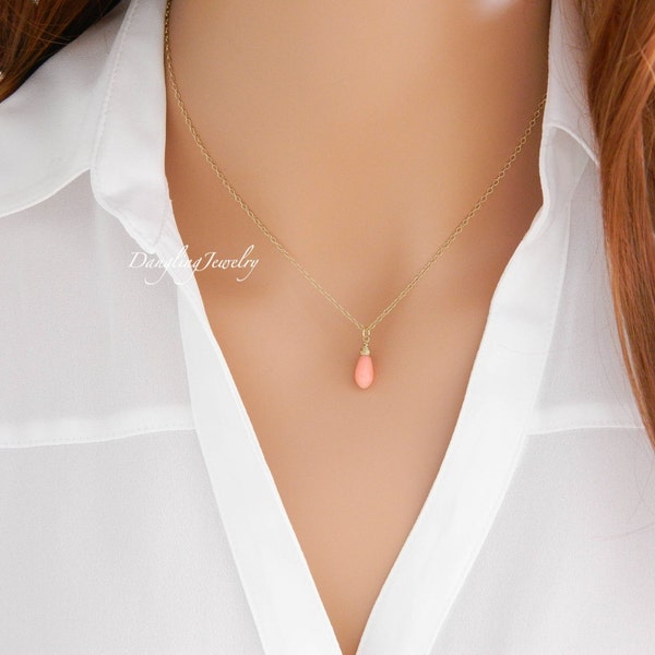 Delicate Coral Necklace, SILVER Teardrop Tiny Necklace Coral, Simple Layering Necklace, Pink Coral for Girl, Dainty Minimalist Necklace