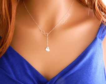 Silver Lariat Necklace / Y Necklace/ Infinity Necklace / Initial Heart Charm Necklace / Girlfriend Gift / Wedding Jewelry / Bridesmaid Gift