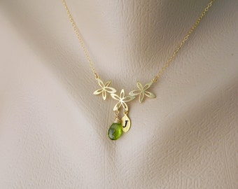 Personalized Birthstone Necklace, Initial Necklace, Gold Peridot Jewelry, Sister, Mother Jewelry, Monogram Necklace, New Mom Jewelry