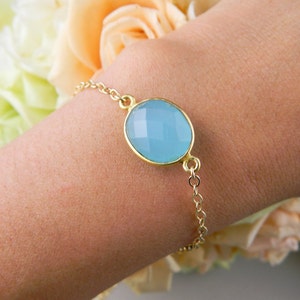 Bezel Aqua Chalcedony bracelet, Gold filled ADJUSTABLE, Bridesmaid Gifts, Wedding Jewelry, Birthday, Anniversary, Simple Everyday Jewelry