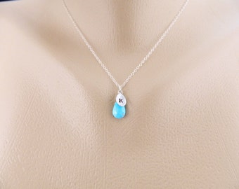 December Birthstone Necklace, Initial Charm Necklace, Turquoise Gemstone Jewelry, Flower Girl, Birthday Gift, Children Birthstone Necklace