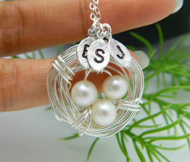 Mother's Day Necklace, Personalized Mothers Necklace, THREE Initial Necklace, Bird Nest Necklace, Mothers Jewelry, Mother Day Gift image 2