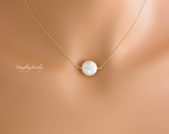 Dainty coin pearl necklace, wedding Gift, bridesmaid gift ideas, bridesmaid jewelry, simple, Gift for wife, Mom Necklace