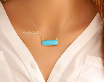 Turquoise Necklace, Turquoise Bar Necklace, Horizontal Rectangle Gemstone Necklace, Gold Crystal Necklace, December Necklace, Mother's Gift