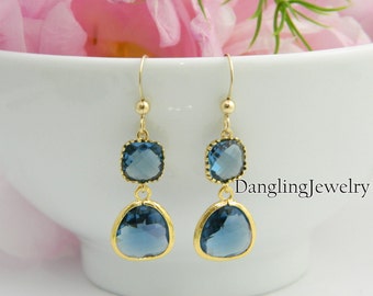 Sapphire Birthstone Earrings, Dangle Earrings, Bridesmaid Jewelry, September, Bridesmaid Gifts, Drop Earrings, Navy Blue, Gold Bezel Settin