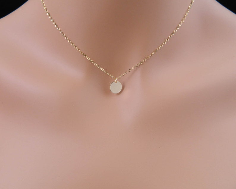 Dainty Gold Necklace with Tiny Gold Disc, Delicate Charm Necklace, Minimal Necklace, Circle Tag Layering Necklace, Bridesmaid Gift, Simple image 1