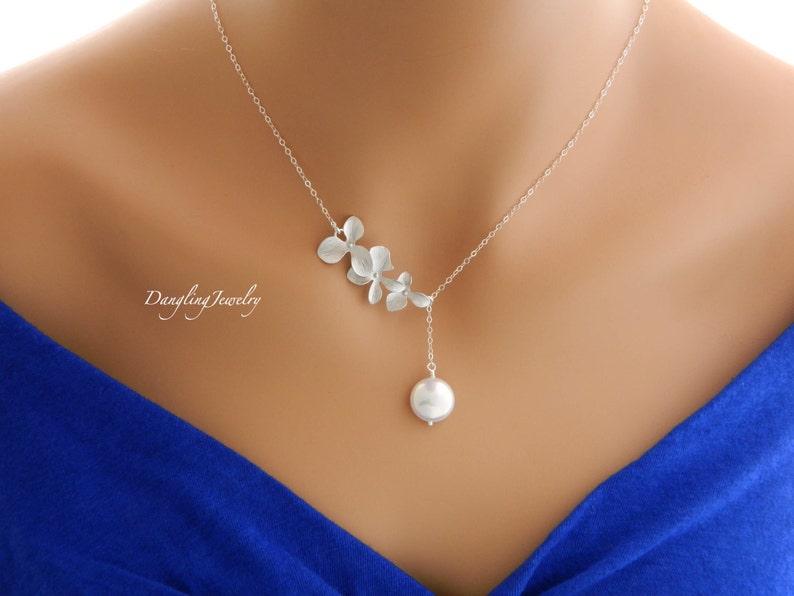 Lariat Bridal Orchid Pearl Necklace, Wedding Necklace, Bridesmaid Gift, Bridesmaid Necklace, Maid of Honor Gift, Bridesmaid Jewelry image 2