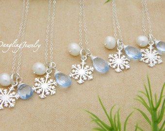 Five Snowflake Charm Necklaces SILVER, Bridesmaid Jewelry, Personalized Birthstone Necklace, Winter Wedding Jewelry, Bridal Gift