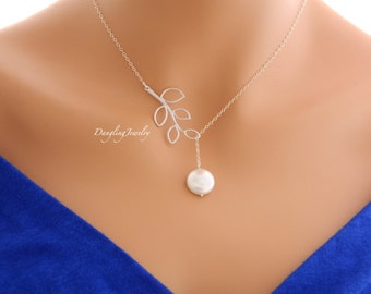 SILVER Pearl Necklace, Lariat Necklace, Bridesmaid Gift Ideas, Bridal Y Necklace, Bridal Party Gift, Bridesmaid Jewelry, Pearl Jewelry