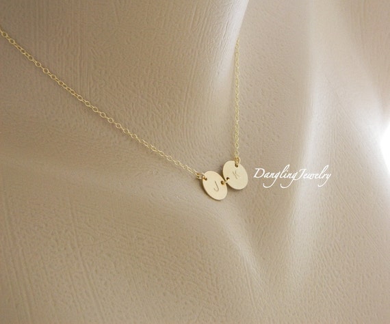 TWO Initial Charm Necklace, Mother Daughter Necklace, Tiny Disc Necklace, GOLD, Mom and Child, Couple Jewelry, Sister, Best friends Necklace