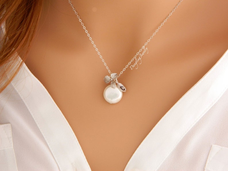 Personalized Coin Pearl Necklace, Initial Necklace, Bridesmaid Gift, June Birthstone Necklace, Personalized Mother Necklace, Matron of Honor image 1