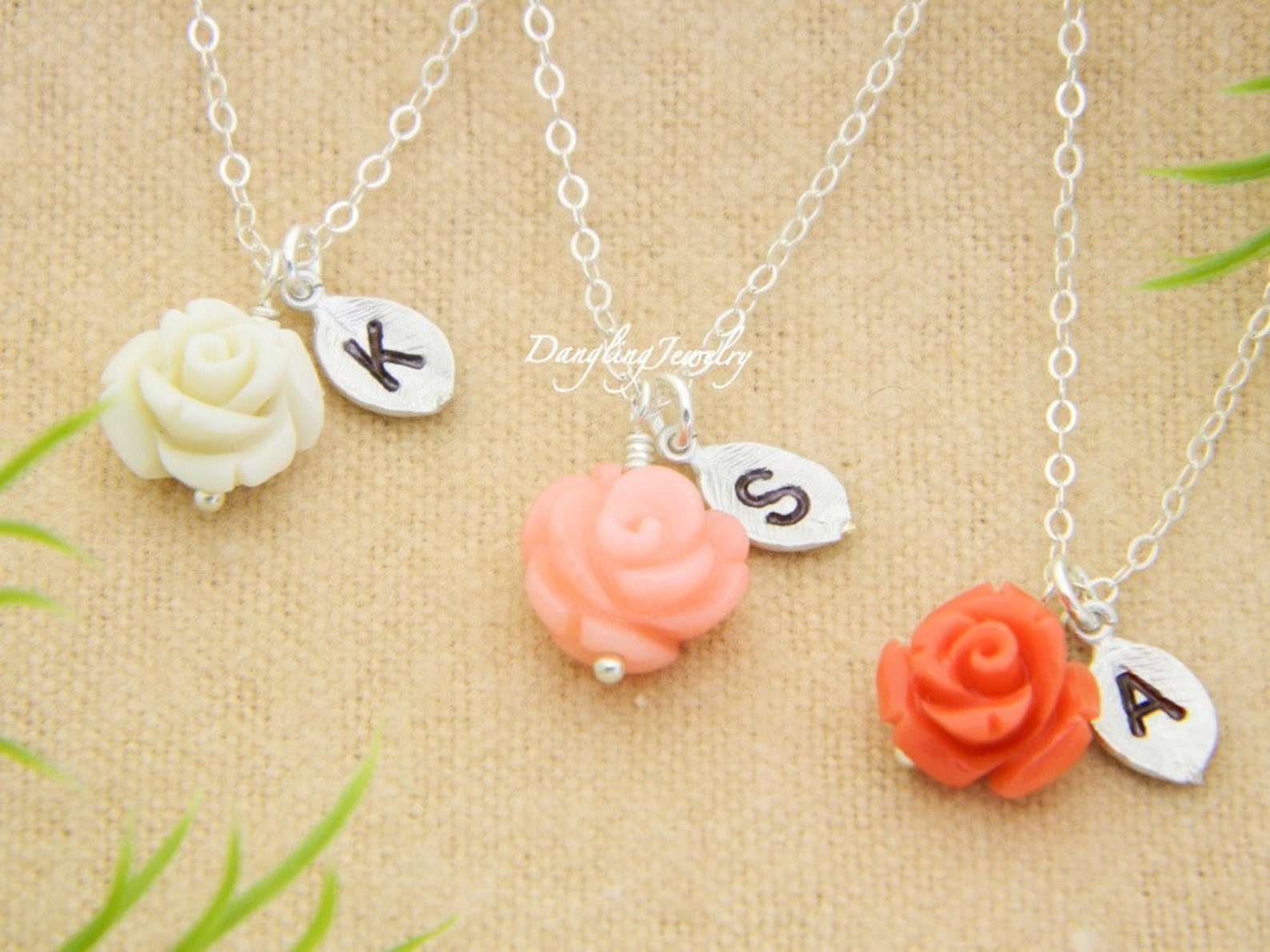 Flower Girl Necklace Set of THREE Initial Necklace Flower Etsy