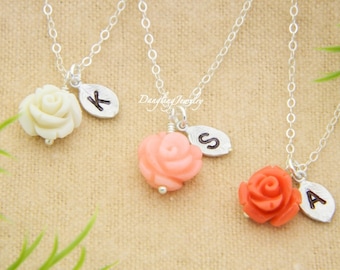 Flower Girl Necklace, Set of THREE, Initial Necklace, Flower Girl Gift, Flower Charm Necklace, Children Minimal Jewelry, Wedding Party Gifts