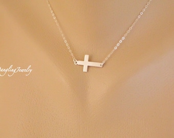 SILVER Sideways Cross Necklace, Girl Confirmation Necklace, Religious Necklace, Sister Necklace, Confirmation Gift, Faith Jewelry