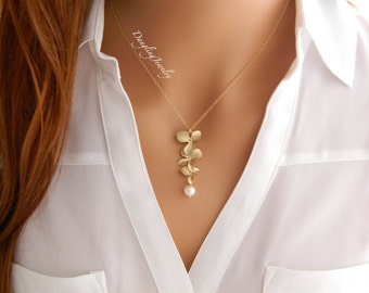 GOLD Orchid Pearl Necklace / Mother Necklace /  Freshwater Pearl Orchid Necklace / Bridesmaid Necklace / Wedding Jewelry / Orchid Jewelry