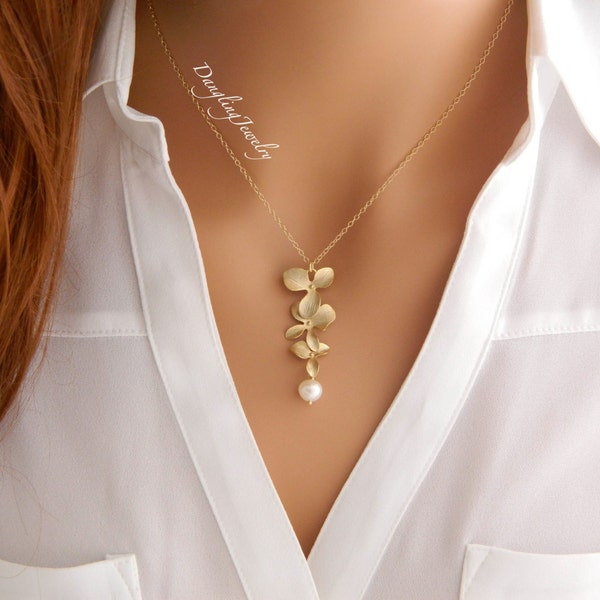 GOLD Orchid Pearl Necklace / Mother Necklace /  Freshwater Pearl Orchid Necklace / Bridesmaid Necklace / Wedding Jewelry / Orchid Jewelry