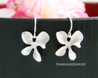 Dainty Orchid Dangle Earrings, Silver Flower Earrings, Flower Girl Gift, Orchid Jewelry, Wedding Party, Bridesmaid Gift, Children Earrings