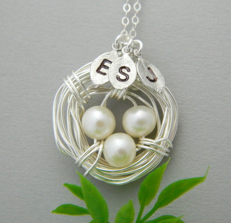 Mother's Day Necklace, Personalized Mothers Necklace, THREE Initial Necklace, Bird Nest Necklace, Mothers Jewelry, Mother Day Gift image 1