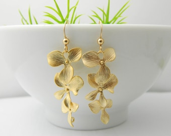 Gold Orchid Drop Earrings, Bridesmaid Earrings, Wedding Jewelry, Bridal Earrings, Maid of Honor, Gift for Her, Dangle Earrings
