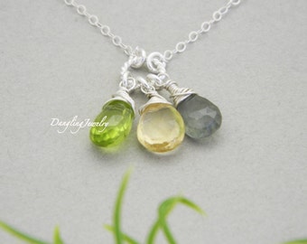 Personalized Mother Birthstone Necklace, Three Gemstone Necklace, Best Friends, Children Birthstone Gift, Three Sister Jewelry, Grandmother