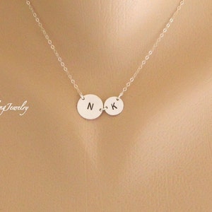 TWO Initial Heart Necklace, Silver Initial Necklace, Couple Necklace, Personalized Charm Necklace, Christmas gift for Wife, Girlfriend image 2