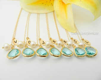 Bridesmaid Jewelry Set 7 Necklaces, Personalized Gemstone Initial Bridesmaid Necklace, Aqua Bridesmaid Gift, Wedding Jewelry, Charm Necklace