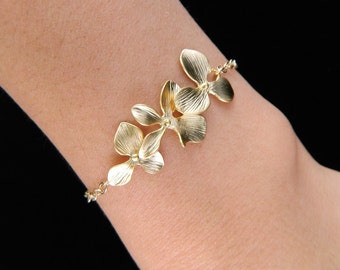 Gold Orchid Bracelet, ADJUSTABLE Gold Bracelet, Bridesmaid Gifts,  Wedding Jewelry, Elegant Jewelry, Flower Girl Jewelry, Sister Jewelry