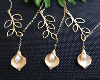 Bridesmaid's Gift, Wedding Lariat Calla Lily Necklace, GOLD Lariat Necklace, Gift Set of THREE, Bridal Party, Junior Bridesmaid Necklace