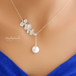Lariat Bridal Orchid Pearl Necklace, Wedding Necklace, Bridesmaid Gift, Bridesmaid Necklace, Maid of Honor Gift, Bridesmaid Jewelry image 1