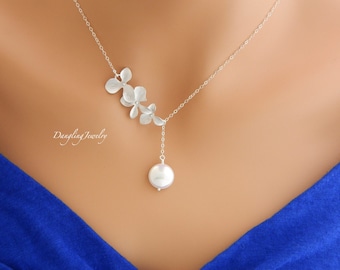 Lariat Bridal Orchid Pearl Necklace, Wedding Necklace, Bridesmaid Gift, Bridesmaid Necklace, Maid of Honor Gift, Bridesmaid Jewelry