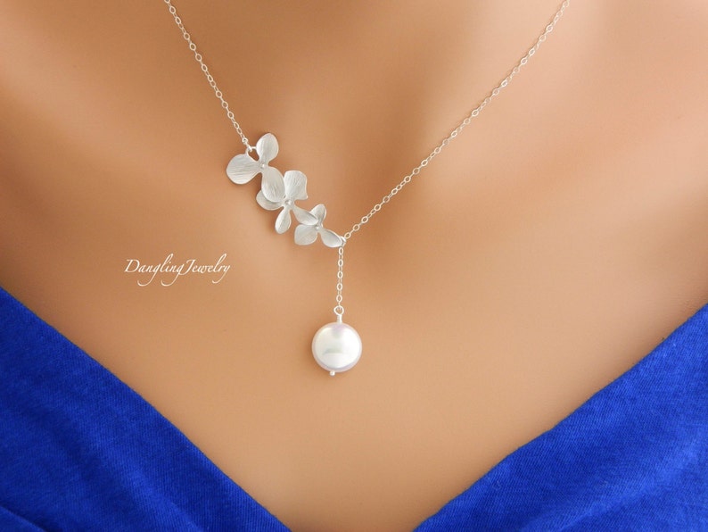 Lariat Bridal Orchid Pearl Necklace, Wedding Necklace, Bridesmaid Gift, Bridesmaid Necklace, Maid of Honor Gift, Bridesmaid Jewelry image 1