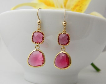 Pink Drop Earrings, Gold Dangle Earrings, Bridesmaid Gift, Fuschia Earrings, Bridesmaid Earrings, Mothers Jewelry, Wedding Earrings