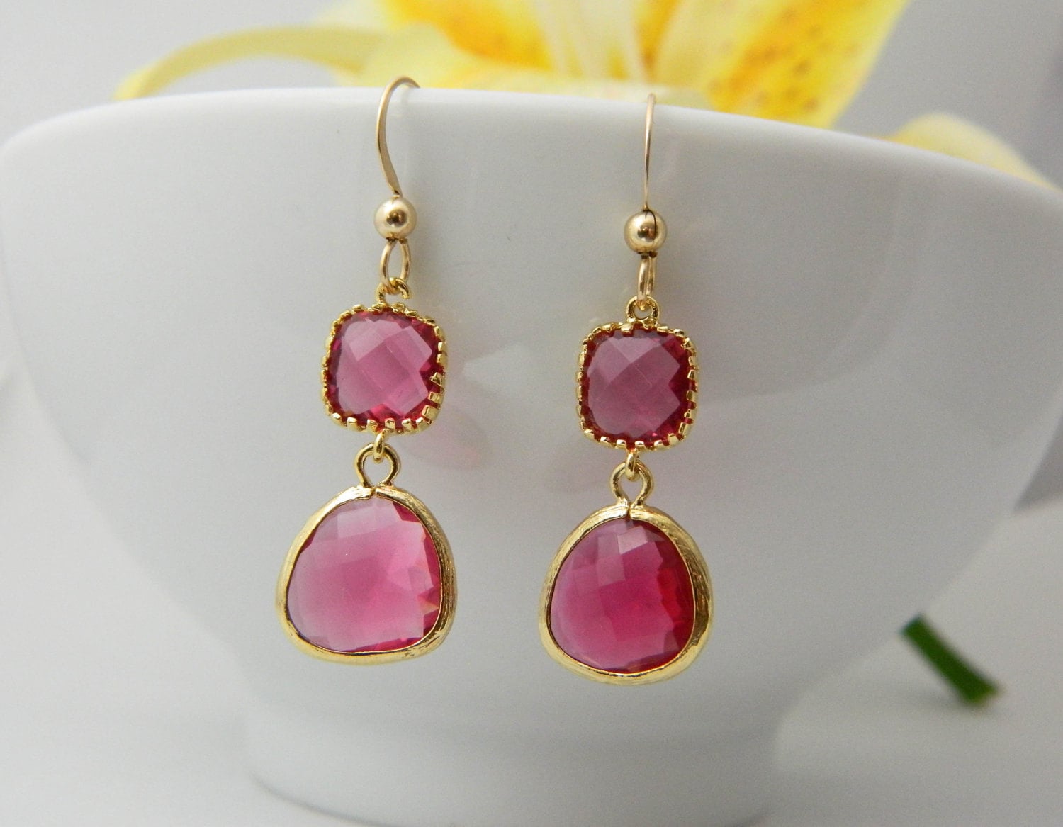 Pink Drop Earrings Gold Dangle Earrings Bridesmaid Gift Etsy