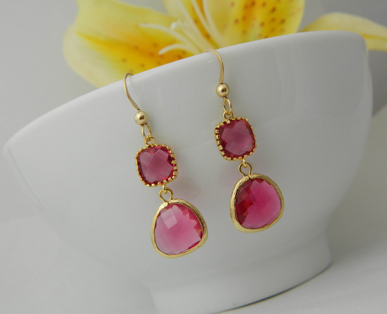 Pink Drop Earrings Gold Dangle Earrings Bridesmaid Gift Etsy