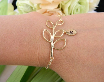 GOLD Leaf Initial Bracelet, ADJUSTABLE, Monogram Bracelet, Bridesmaid Gifts, Personalized, Flower Girl,Mothers, Junior Bridesmaid Jewelry