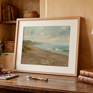 Arte Playa Óleo Digital, Cuadro Mar Tonos Suaves Impresionismo, Paisaje Costero para Imprimir, Decoración Pared Salón, Descarga Instantánea