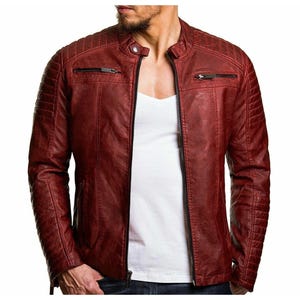 Men&#39;s Red Leather Biker Jacket – Vintage Moto Style, motorbike jacket Stylish sheepskin Leather Jacket for Casual & Streetwear