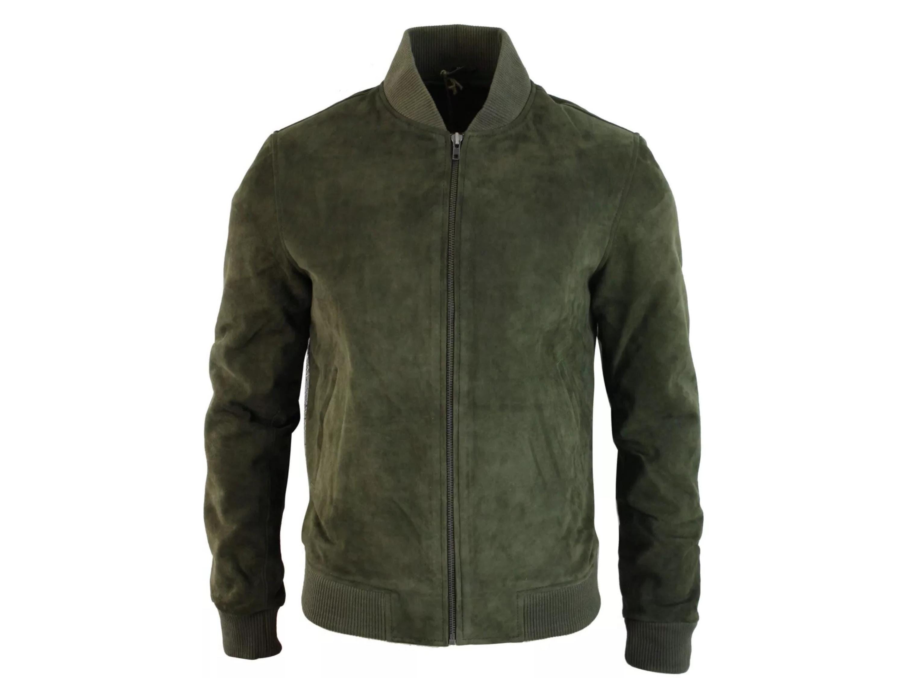 Men’s Olive Green Suede Bomber Jacket – Minimalist Leather Flight Coat | Casual Zip-Up Fall Outerwear | Classic Slim Fit Suede Jacket