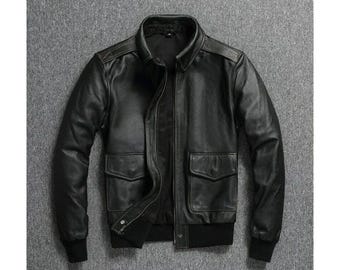 Men&#39;s Black Leather Bomber Jacket | Genuine Cowhide Flight Jacket | Vintage Style Aviator Jacket | Winter Warm Outerwear for Men