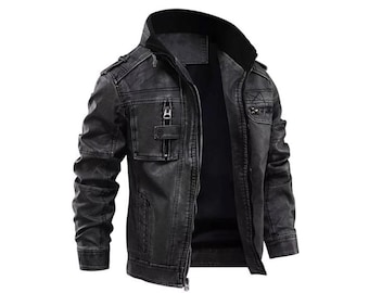 Men’s Black sheepskin Leather Jacket Slim Fit Biker Moto Jacket Stylish Streetwear Outerwear Zipper Motorcycle Coat Gothic Punk Rock Jacket
