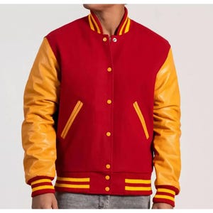 Varsity Jacket Men | Red and Yellow Letterman Jacket | Baseball Bomber Jacket with Faux Leather Sleeves | Retro College Style Outerwear